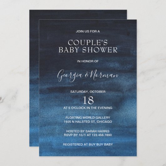 ネイビーモダンブルーボーイカップル赤ちゃんシャワー 招待状 (正面/裏面)