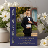 ネイビーモダンブルーボーイフォトファースト聖餐式 箔招待状