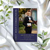 ネイビーモダンブルーボーイフォトファースト聖餐式 箔招待状