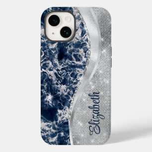 ネイビーモダンブルーマーブルシルバーグリッターモノグラム Case-Mate iPhone 14ケース