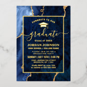 ネイビーモダンブルーマーブル卒業パーティー金ゴールド 箔招待状 (正面)