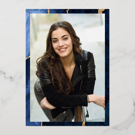 ネイビーモダンブルーマーブル卒業パーティー金ゴールド 箔招待状 (裏面)