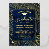 ネイビーモダンブルーマーブル卒業パーティー金ゴールド 箔招待状 (正面)