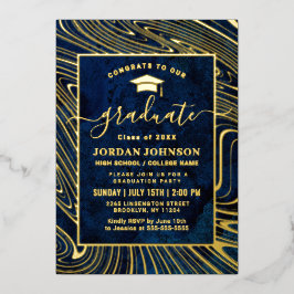 ネイビーモダンブルーマーブル卒業パーティー金ゴールド 箔招待状