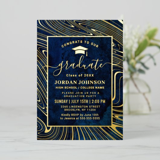 ネイビーモダンブルーマーブル卒業パーティー金ゴールド 箔招待状 (立ち正面)
