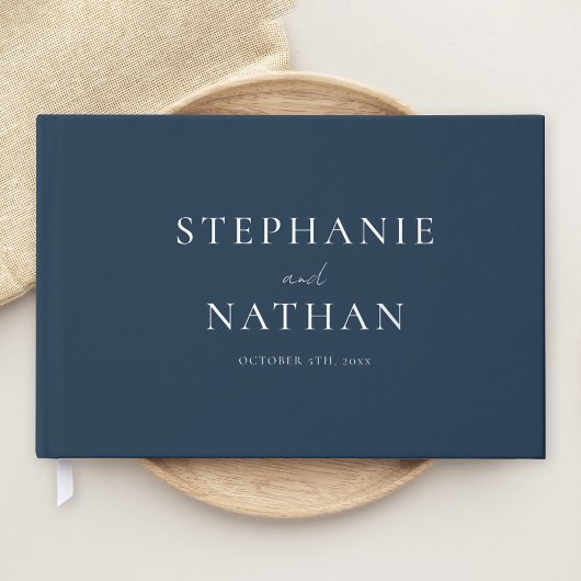 ネイビーモダンブルーミニマリスト銀ホイル結婚ズ ゲストブック