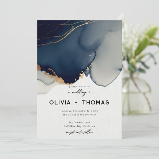 ネイビーモダンブルーミニマルエレガントリストシ結婚ック 招待状 (スタンド正面)