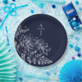 ネイビーモダンブルーモノグラムフローラ紙プレート ペーパープレート (パーティー)