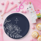 ネイビーモダンブルーモノグラムフローラ紙プレート ペーパープレート (パーティー)