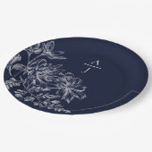 ネイビーモダンブルーモノグラムフローラ紙プレート ペーパープレート (アングル)