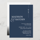 ネイビーモダンブルーモノグラム写真QRコード結婚s 招待状 (正面/裏面)