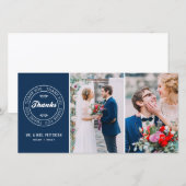 ネイビーモダンブルーラベルツーフォト結婚の感謝 サンキューカード (正面/裏面)