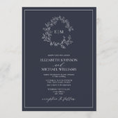 ネイビーモダンブルーリーピークレストモノグラム結婚ズ 招待状 (正面)