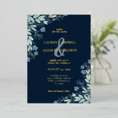 ネイビーモダンブルーリーフ金ゴールド書道 箔招待状 (立ち正面)