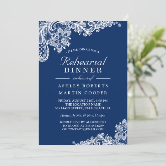 ネイビーモダンブルーレースのリハ結婚ーサルディナー 招待状 (スタンド正面)