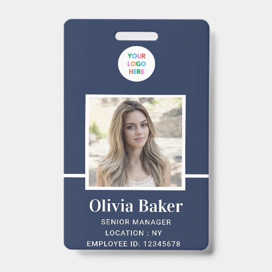 ネイビーモダンブルーロゴセキュリティ従業員の写真 バッジ (Front)