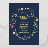ネイビーモダンブルーワイルドフラワー春ブライダルシャワー 箔招待状 (正面)