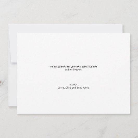 ネイビーモダンブルー写真赤ちゃんシャワー サンキューカード (裏面)