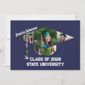 ネイビーモダンブルー卒業写真コラージュパーティー 招待状 (正面)