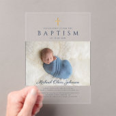 ネイビーモダンブルー宗教十字少年バプテスマ写真 アクリル招待状 (インサイチュ (ポータブル))
