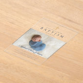 ネイビーモダンブルー宗教十字少年バプテスマ写真 アクリル招待状 (レイダウン)