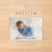 ネイビーモダンブルー宗教十字少年バプテスマ写真 アクリル招待状 (正面)