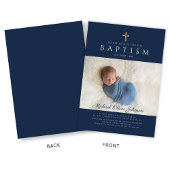 ネイビーモダンブルー宗教十字少年バプテスマ写真 招待状
