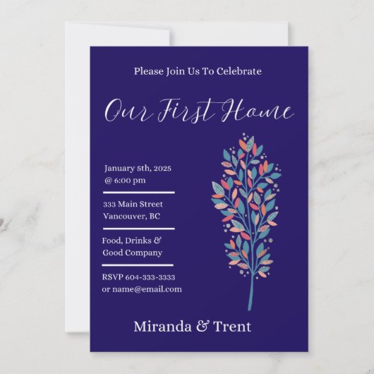 ネイビーモダンブルー引っ越し祝いパーティーパーティー 招待状 (正面)