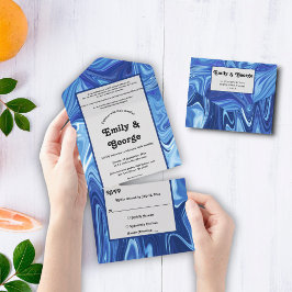 ネイビーモダンブルー抽象芸術油画結婚ズ オールインワン招待状