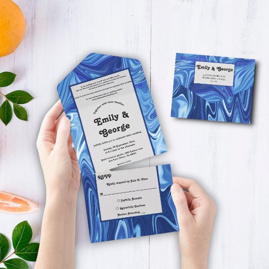 ネイビーモダンブルー抽象芸術油画結婚ズ オールインワン招待状