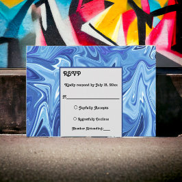 ネイビーモダンブルー抽象芸術油画結婚ズ 出欠カード