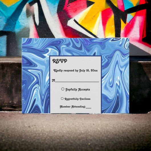 ネイビーモダンブルー抽象芸術油画結婚ズ 出欠カード