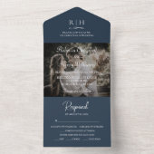 ネイビーモダンブルー結婚の写真 |モノグラムRSVP オールインワン招待状 (内側)