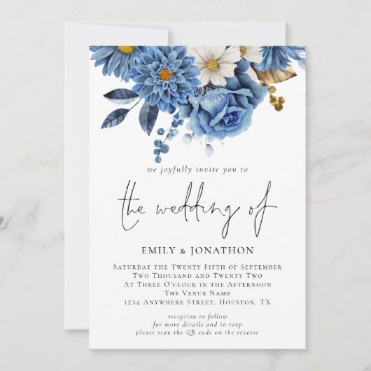 ネイビーモダンブルー花模様3枚結婚の写真 招待状 (正面)