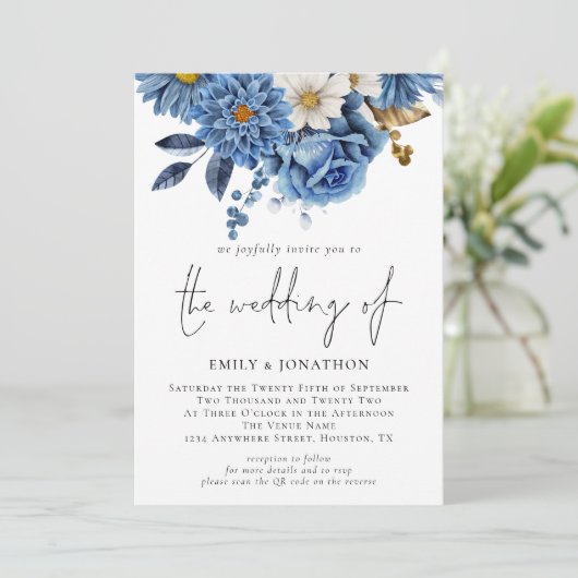 ネイビーモダンブルー花模様3枚結婚の写真 招待状 (スタンド正面)