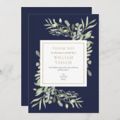 ネイビーモダンブルー葬儀記念緑 サンキューカード (正面/裏面)