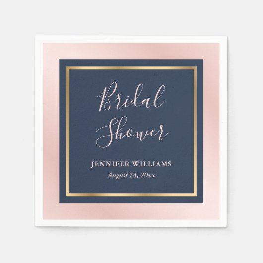 ネイビーモダンブルー赤面と金ゴールドブライダルシャワー スタンダードカクテルナプキン (正面)