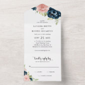 ネイビーモダンブルー赤面ピンクフローラエレガントな結婚式 オールインワン招待状 (内側)