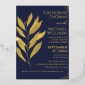 ネイビーモダンブルー金ゴールドのリハ結婚ーサルディナー 箔招待状 (正面)