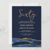 ネイビーモダンブルー金ゴールドアゲート60th誕生日パーティー 招待状 (正面)