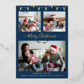 ネイビーモダンブルー金ゴールドクリスマスコラージュ写真 箔シーズンカード (正面)