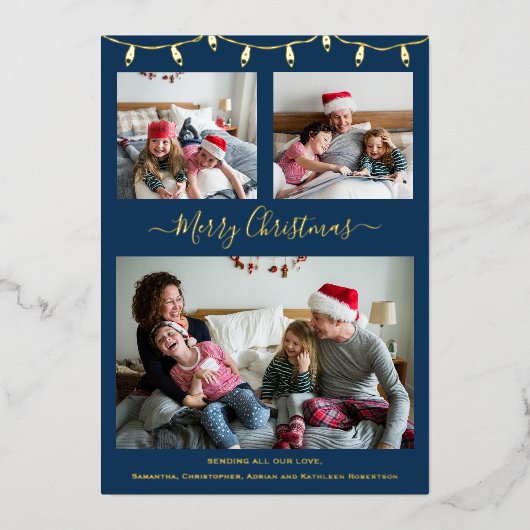 ネイビーモダンブルー金ゴールドクリスマスコラージュ写真 箔シーズンカード (正面)