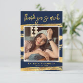 ネイビーモダンブルー金ゴールドスクリプトシック写真卒業 サンキューカード (スタンド正面)