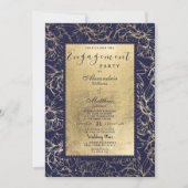 ネイビーモダンブルー金ゴールドフローラシック婚約 招待状 (正面)