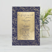 ネイビーモダンブルー金ゴールドフローラシック婚約 招待状 (スタンド正面)