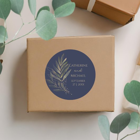 ネイビーモダンブルー金ゴールドリーフ結婚ズモノグラム ラウンドシール