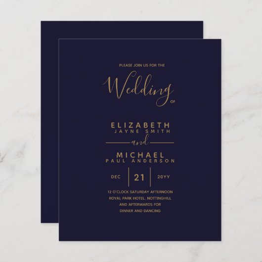 ネイビーモダンブルー金ゴールド予算の結婚式の招待 (正面/裏面)