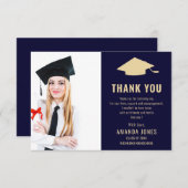 ネイビーモダンブルー金ゴールド写真卒業 サンキューカード (正面/裏面)