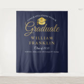 ネイビーモダンブルー金ゴールド卒業写真の背景 タペストリー (正面)