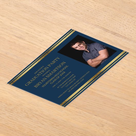 ネイビーモダンブルー金ゴールド卒業写真 アクリル招待状 (レイダウン)